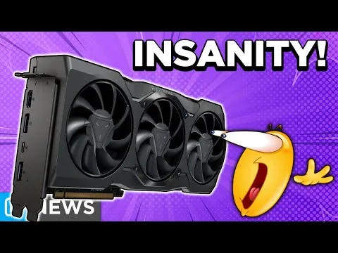 Progressive robot in front of a graphics card with large text INSANITY! on a purple background and a shocked cartoon face