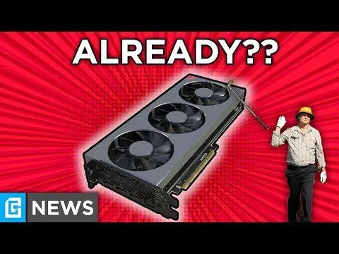 Progressive robot meme with a large triple-fan graphics card on a red burst background, “ALREADY??” text, G NEWS logo, and a man waving.
