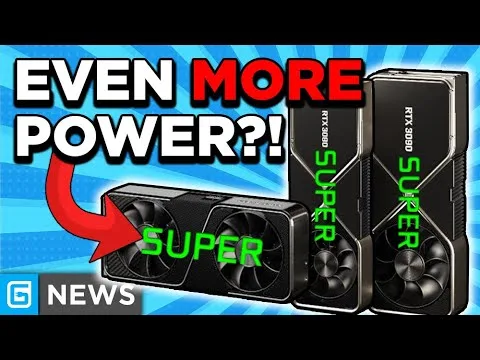 Robot in front of a thumbnail reading “EVEN MORE POWER?!” with three RTX graphics cards labeled “SUPER” and a red arrow, plus “G NEWS” logo