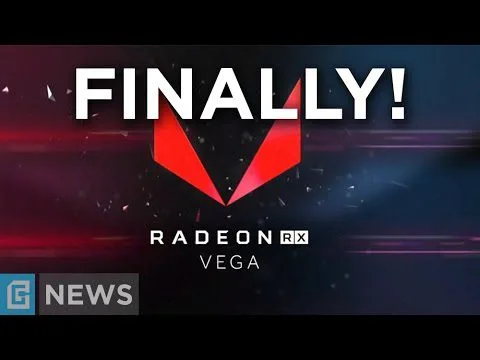Progressive Robot - Graphic with red Radeon RX Vega logo and large text FINALLY! above it, G NEWS badge in corner