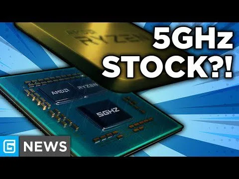 Progressive robot, close-up of AMD Ryzen chips with text “5GHz STOCK?!” and “NEWS” badge on a blue background