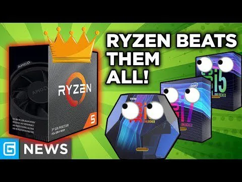 Ryzen CPU box with a crown and bold text “RYZEN BEATS THEM ALL!” next to cartoon-eyed Intel and Apple chip boxes.