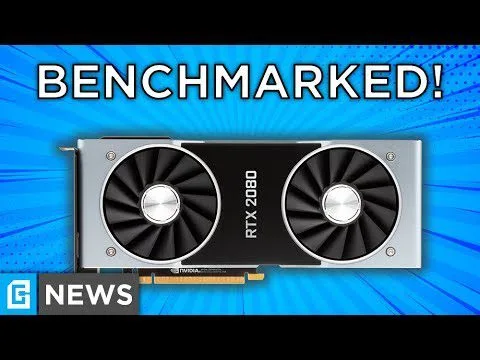 Progressive Robot - Graphics card with two fans labeled RTX 2080 under the headline BENCHMARKED! on a blue background.