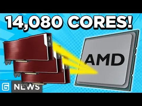 Progressive Robot in front of graphic showing stacked processors, an AMD chip, and text "14,080 CORES!"