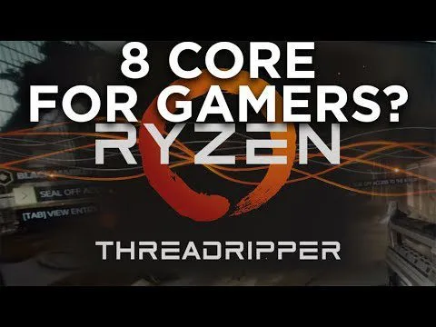Progressive Robot Company: Graphic with text "8 CORE FOR GAMERS? RYZEN" and "THREADRIPPER" over a processor-themed background.