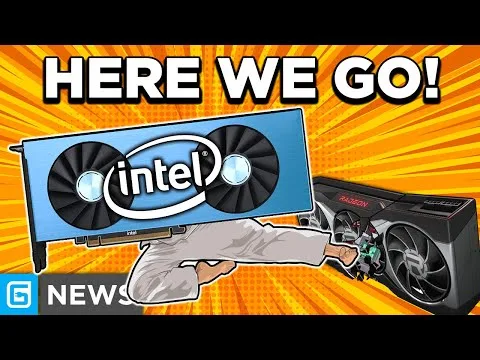 Progressive Robot company graphic with Intel GPU and Radeon card illustration under the headline Here We Go!