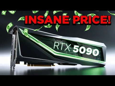 Progressive Robot - Graphics card labeled RTX 5090 with green lighting, flying dollar bills, and text INSANE PRICE!