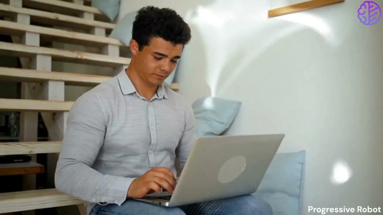 Progressive Robot - Man sitting on wooden stairs using a laptop in a bright room with cushions nearby
