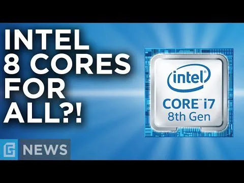 Progressive robot with text Intel 8 cores for all! and Intel Core i7 8th Gen chip graphic, G News logo