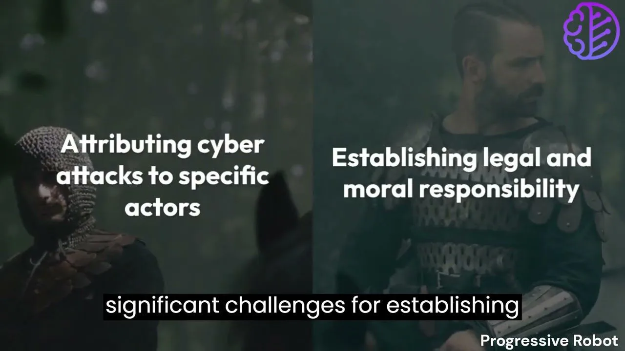 Progressive Robot - Split-screen with armored figures and text about attributing cyber attacks and establishing legal and moral responsibility