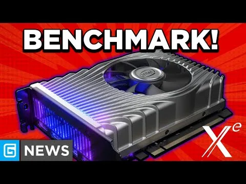 Progressive robot in front of a graphics card with large text “BENCHMARK!” and “X e” on a red background