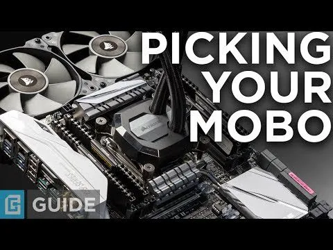 Progressive robot, close-up of a PC motherboard with fans and large text “PICKING YOUR MOBO” and “GUIDE” badge.