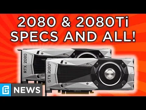 progressive robot, two graphics cards with headline “2080 & 2080Ti specs and all!” and G News logo on red background