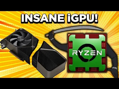 Progressive robot, thumbnail with text INSANE iGPU! showing a graphics card, small PC, and Ryzen chip on yellow burst background