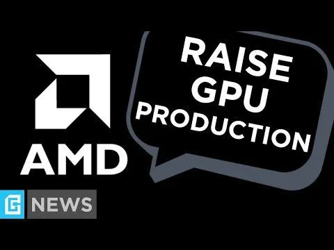 progressive robot, AMD logo beside a speech bubble that reads Raise GPU Production, with a small G News label in the corner