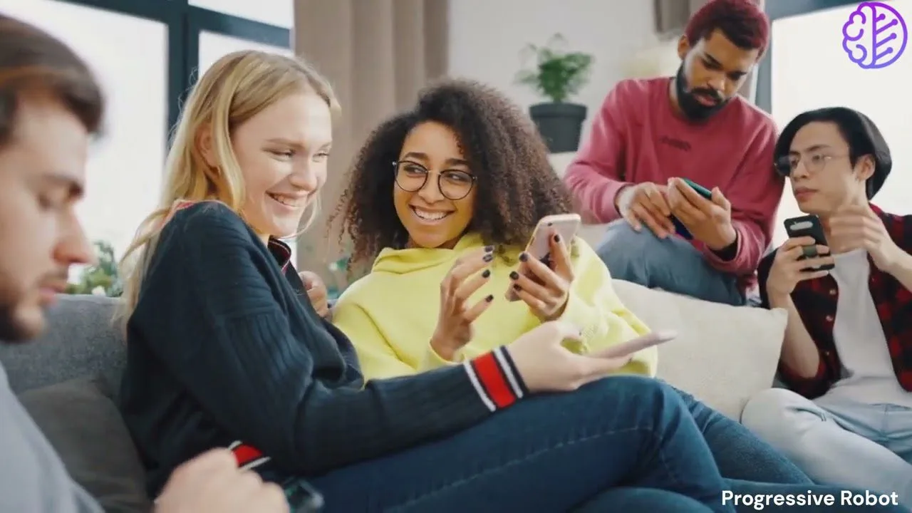 Progressive Robot - Group of friends on a couch smiling and looking at smartphones in a bright living room.