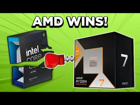 Progressive robot with boxing glove punching Intel Core box beside AMD Ryzen 7 box, with text “AMD WINS!”