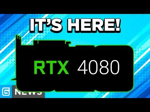 Progressive Robot - Banner reading “IT’S HERE!” above a black graphics card silhouette labeled “RTX 4080” on a blue background.