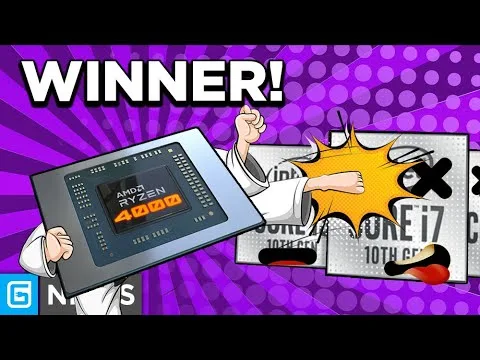 Progressive robot holding an AMD Ryzen 4000 chip, with “WINNER!” text and a comic-style explosion over a prize card.
