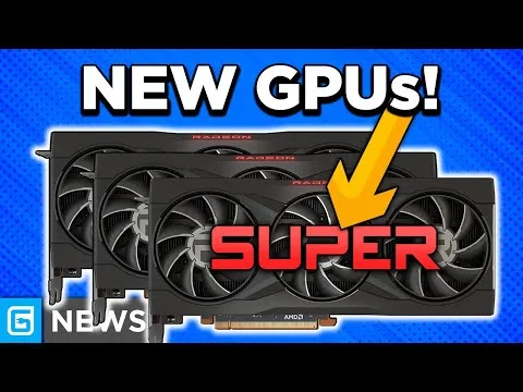 Progressive robot in front of new GPUs graphic with large text NEW GPUs! and SUPER, plus a yellow arrow pointing at the cards