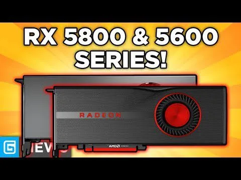 Progressive robot presenting a Radeon graphics card with text RX 5800 & 5600 SERIES!