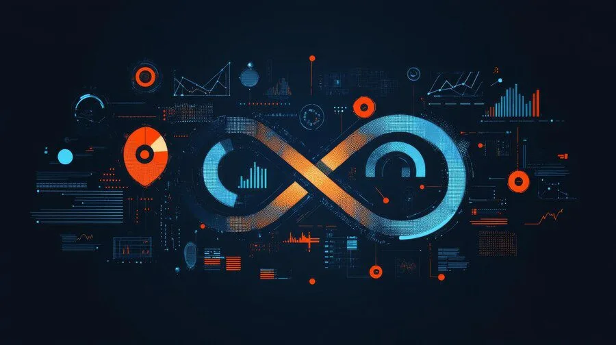 CI/CD vs DevOps: Key Differences and Their Collaborative Roles 5 Progressive Robot infinity DevOps symbol surrounded by glowing data dashboards, charts, and interface icons on a dark background
