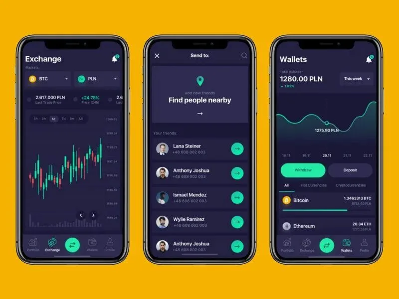 P2P Crypto Exchange Software: A Complete Guide 8 A smartphone screen showing a P2P exchange app with key features