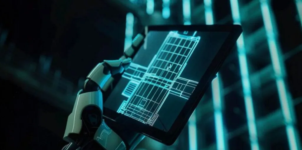 AI in Software Development: Choosing the Right Contractor in 2025 7 Progressive Robot hand holding a tablet displaying a technical blueprint in a dim, futuristic server room with glowing lights