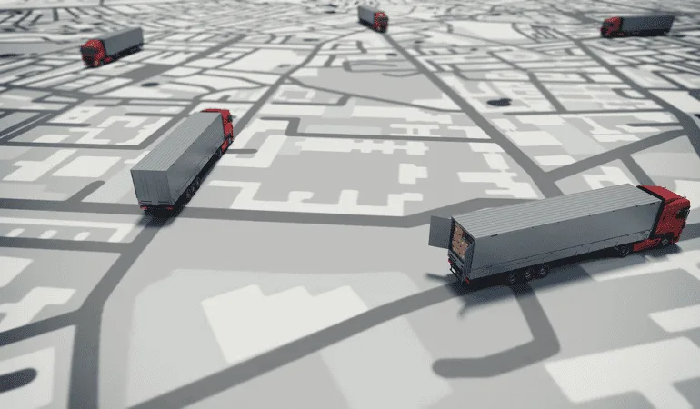 Progressive Robot fleet of delivery trucks driving across a stylized city map with highlighted routes.