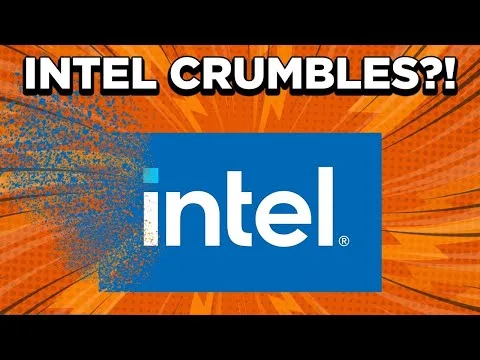 Orange comic-style background with headline Intel crumbles?! above a blue Intel logo that is crumbling on the left side