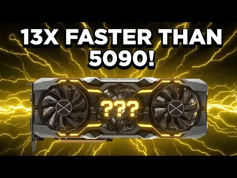 Progressive Robot graphic of a dual-fan GPU with lightning background and text: 13X FASTER THAN 5090! and ???