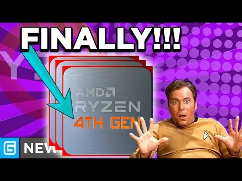 Progressive Robot thumbnail with “FINALLY!!!” text, arrow pointing to AMD Ryzen 4th Gen chip, and surprised man on right