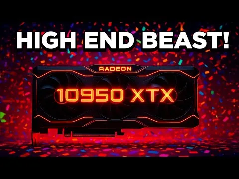Progressive Robot graphic of a Radeon 10950 XTX GPU with confetti background and text HIGH END BEAST!