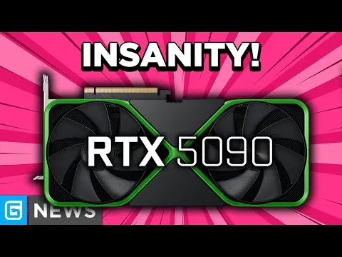 Progressive Robot graphic of an RTX 5090-style GPU with two fans, “INSANITY!” headline, and “NEWS” badge on pink burst background