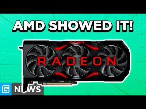 Progressive Robot graphic showing an AMD Radeon triple-fan GPU with the headline AMD SHOWED IT!