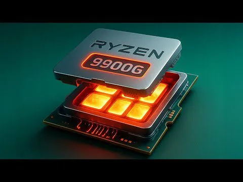 Progressive Robot illustration of a Ryzen 9900G processor chip hovering above a glowing CPU socket on a green board