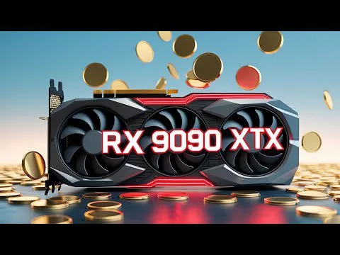 Progressive Robot graphic of a triple-fan GPU labeled RX 9090 XTX with gold coins floating around it