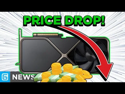 Progressive Robot graphic showing a GPU with stacks of coins and cash, and a red arrow under the headline PRICE DROP!