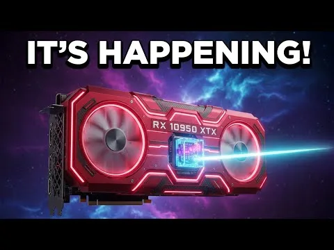 Progressive Robot graphic card illustration with “IT’S HAPPENING!” text and a glowing red RX 10950 XTX in space.