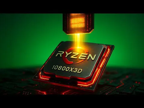 Progressive Robot laser etching a Ryzen 10800X3D processor chip on a circuit board against a green background.
