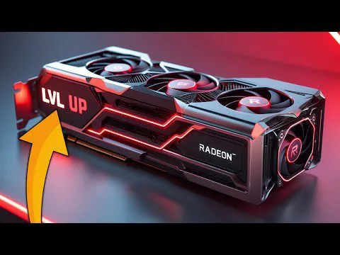 Progressive Robot illustration of a Radeon graphics card with three fans and a “LVL UP” arrow pointing at it.