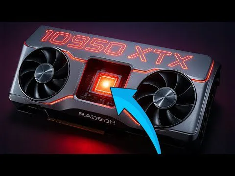 Progressive Robot graphic of a Radeon 10950 XTX GPU with dual fans and an arrow pointing to a glowing chip.