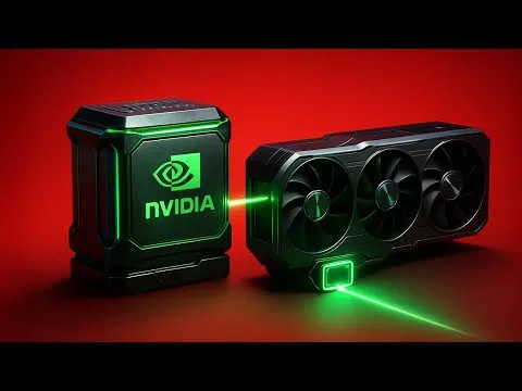 Progressive Robot concept showing an NVIDIA-branded cube connected by a green beam to a triple-fan graphics card on red background