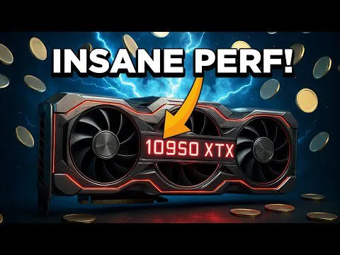 Progressive Robot graphic of a 10950 XTX dual-fan GPU with “INSANE PERF!” text, arrow, lightning, and coins flying.