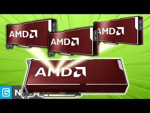 Progressive Robot graphic showing multiple AMD-branded graphics cards on a green radial burst background