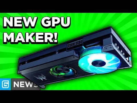 Progressive Robot graphic of a large GPU with a glowing blue fan on a green background and the text NEW GPU MAKER!
