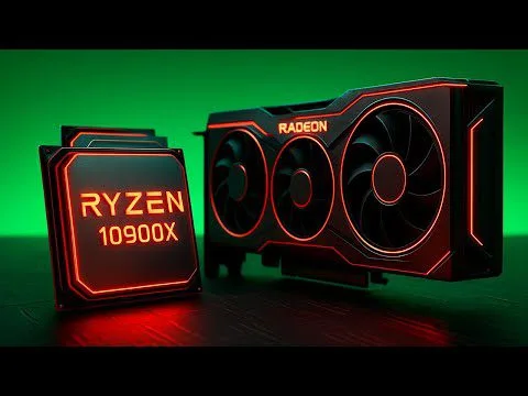 Progressive Robot concept render of a Ryzen 10900X CPU and Radeon triple-fan graphics card with red neon lighting.