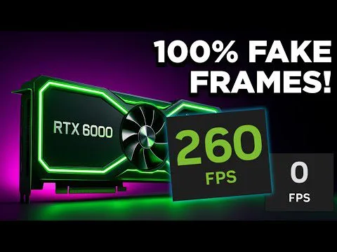 Progressive Robot graphic of an RTX 6000 GPU with neon glow and text “100% FAKE FRAMES!” and “260 FPS” vs “0 FPS”.