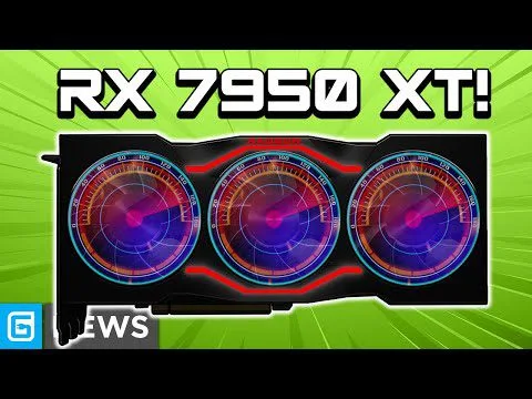 Progressive Robot graphic with RX 7950 XT! headline above a stylized triple-fan GPU on a green burst background