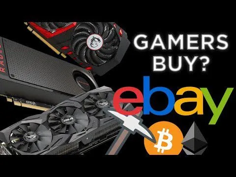 Progressive Robot graphic showing GPUs, “GAMERS BUY?” text, eBay logo, cursor, and Bitcoin and Ethereum symbols.